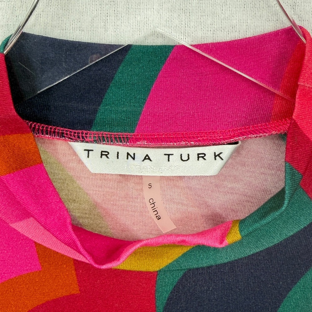 TRINA TURK Pierce Top Womens Small Pink Multi Scallop Wave Long Sleeve Mock Neck - Picture 8 of 13